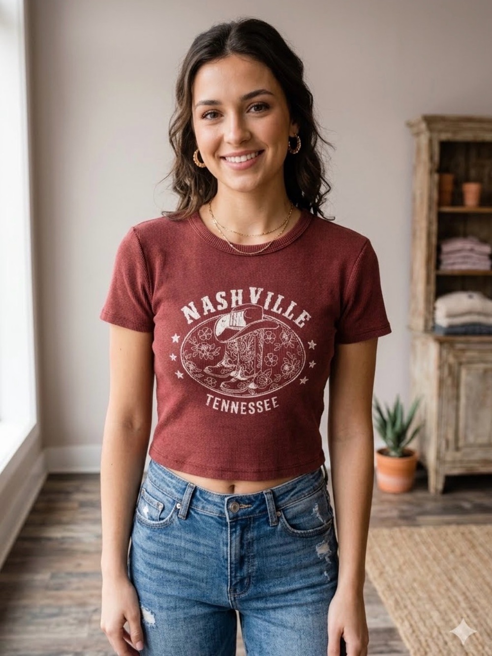 Nashville  Cropped Short Sleeve Rib Knit GraphicTee - Burgundy